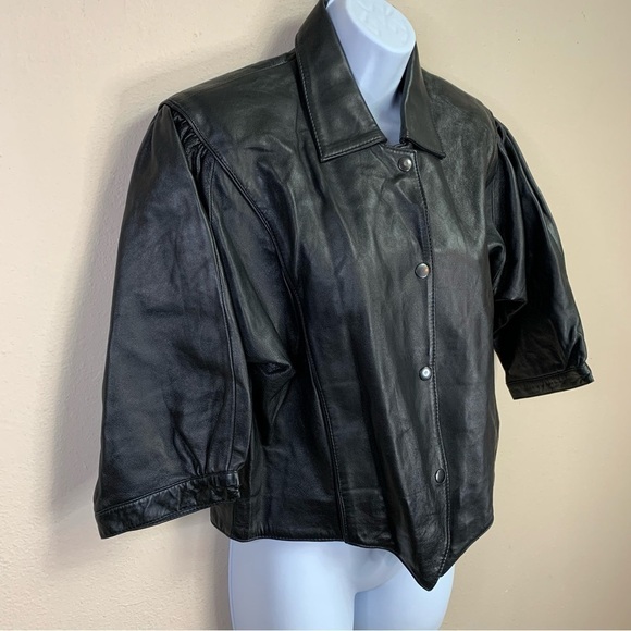 M Anjumun Vintage Leather Jacket Snap Closure Puff Sleeve Biker 90s Medium - Picture 2 of 8